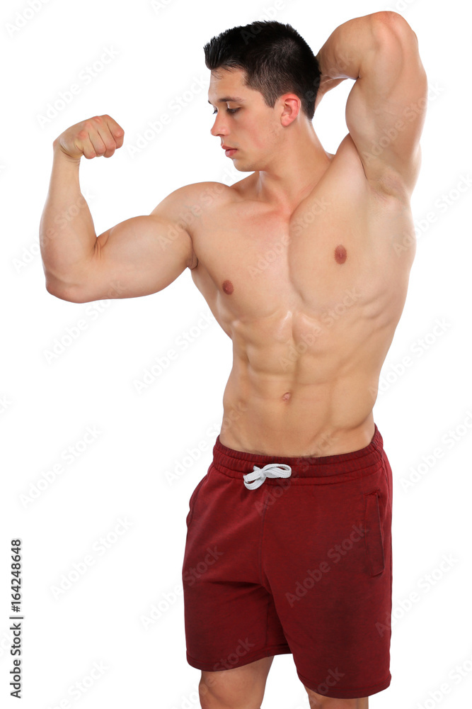 Bodybuilder Bodybuilding Bizeps anspannen posen Muskeln Mann stark muskulös jung Freisteller