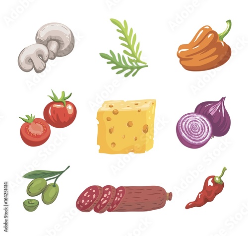 Foodstuffs. Ingredients for pizza. Set of color sketches on white