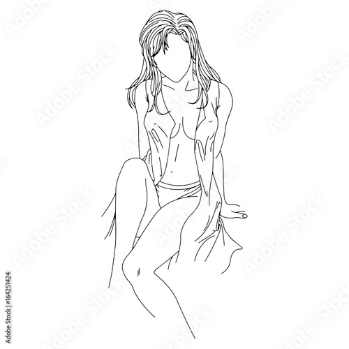 sexy young woman sitting with no bra - vector illustration outline sketch isolated on white background