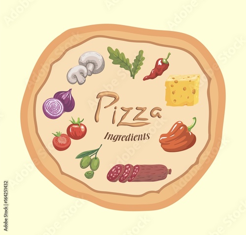 Foodstuffs. Ingredients for pizza. Color vector illustration on beige