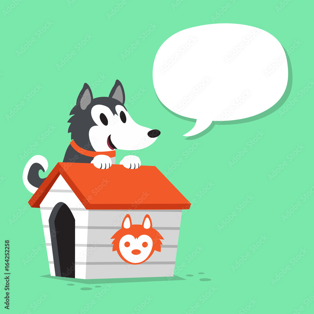 Obraz Cartoon siberian husky dog and kennel with speech bubble