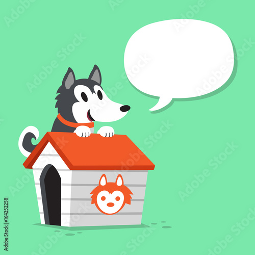 Cartoon siberian husky dog and kennel with speech bubble