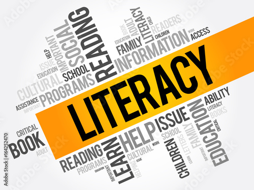 Literacy word cloud collage, education concept background