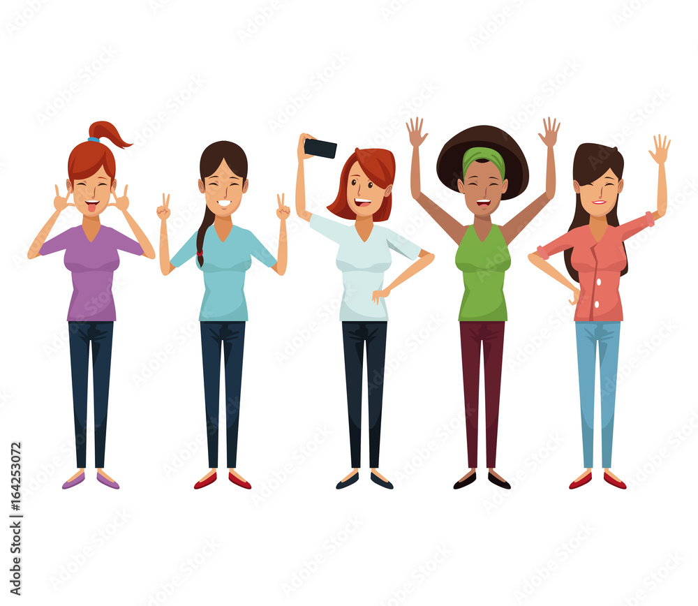 white background with colorful female group friendship white background with colorful female group friendship