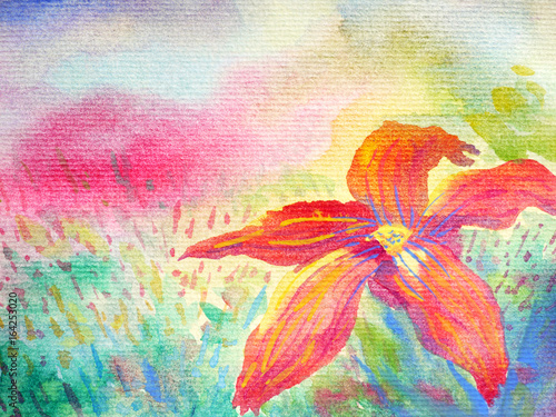 big red flower in foreground and colorful field sky background watercolor painting