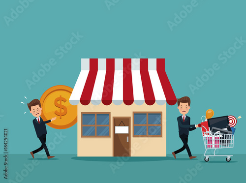 color background scene of businessman carrying a coin and sequence coming out of store with shopping cart