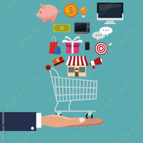 color background scene of executive sleeve hand holding a shopping cart with items floating