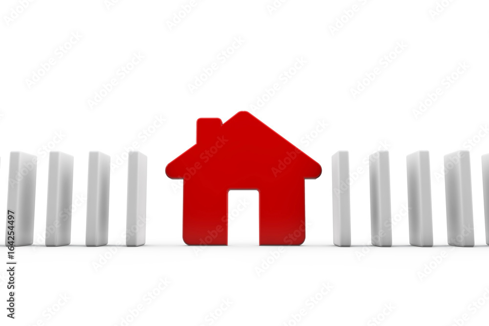 A row of dominos wih a red house. Housing concept. 3D Rendering A row of dominos wih a red house. Housing concept. 3D Rendering