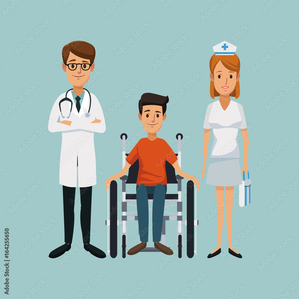 color background with handicapped man in wheelchair and team specialist doctors
