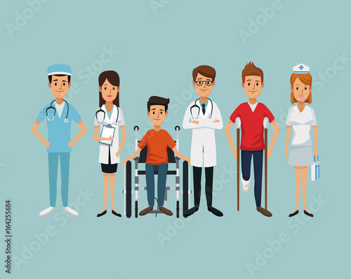 color background group team specialist doctors with handicapped man in wheelchair and on crutches