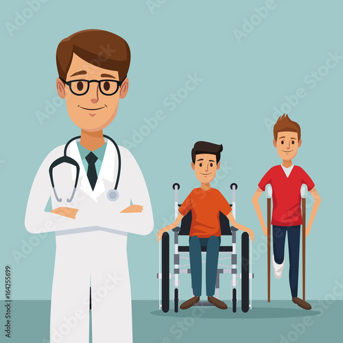 color background with closeup specialist doctor with men on crutches and handicapped in wheelchair