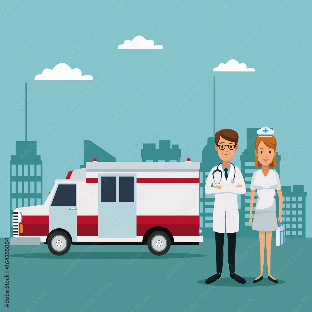 city landscape color background with ambulance truck and specialist doctors city landscape color background with ambulance truck and specialist doctors