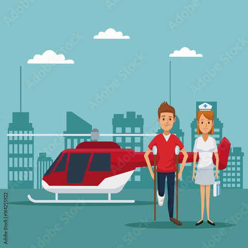city landscape scene building hospitals with ambulance and helicopter flying overhead closeup specialist doctors