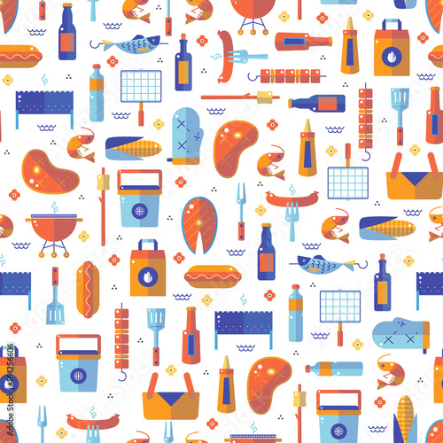Summer barbecue and grill lined seamless pattern