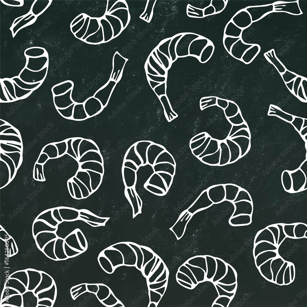 Seafood Seamless Pattern. Shrimp or Prawn. Isolated On Chalkboard Background Doodle Cartoon Vintage Hand Drawn Sketch Vector Illustration. Seafood Seamless Pattern. Shrimp or Prawn. Isolated On Chalkboard Background Doodle Cartoon Vintage Hand Drawn Sketch Vector Illustration.