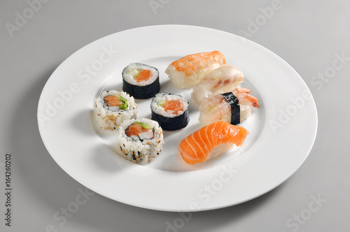 Round dish with a portion of sushi