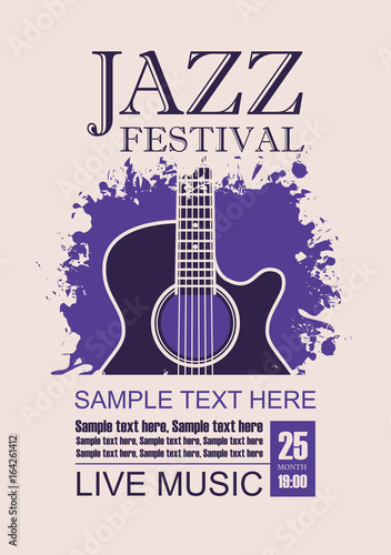Vector banner with acoustic guitar on grunge violet background, lettering jazz festival live music and place for text in retro style