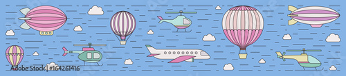 Air transportation outline horizontal illustration. Part four.