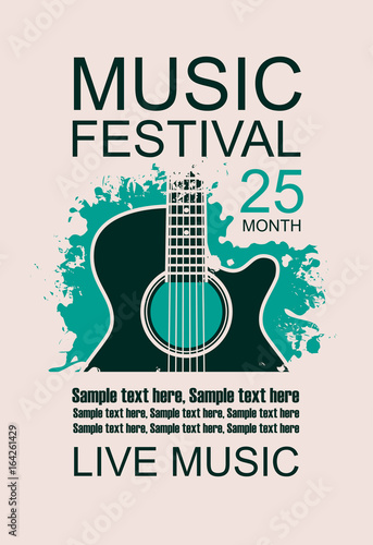 Vector banner with acoustic guitar on grunge green background, lettering festival live music and place for text in retro style