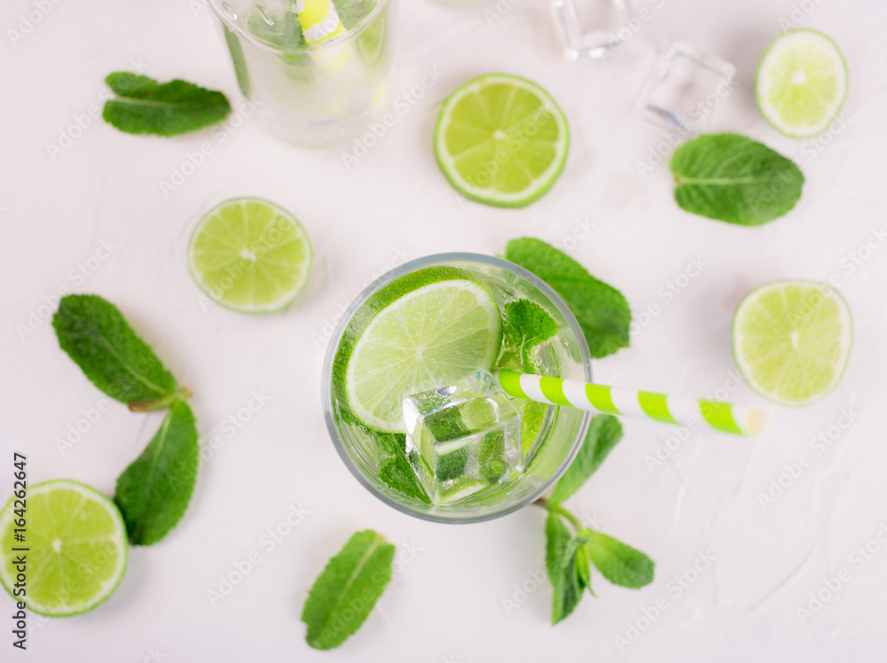 Detox water with lime and mint in glass.