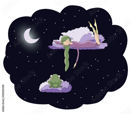 Hand drawn vector illustration of a sleeping girl and frog floating on the clouds among the stars under the moon.