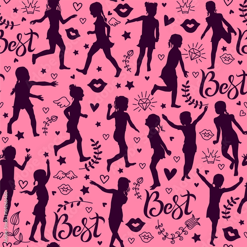 Seamless pattern silhouettes girl on pink background
