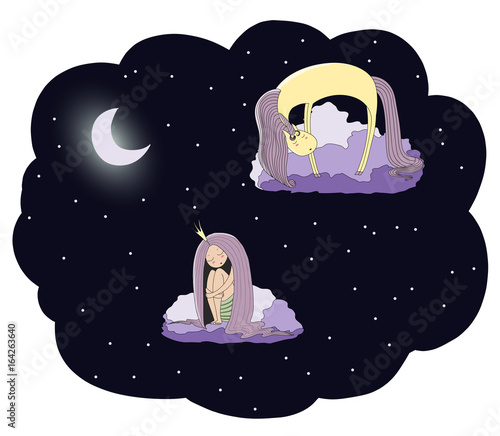 Hand drawn vector illustration of a sleeping princess and unicorn floating on the clouds among the stars under the moon.