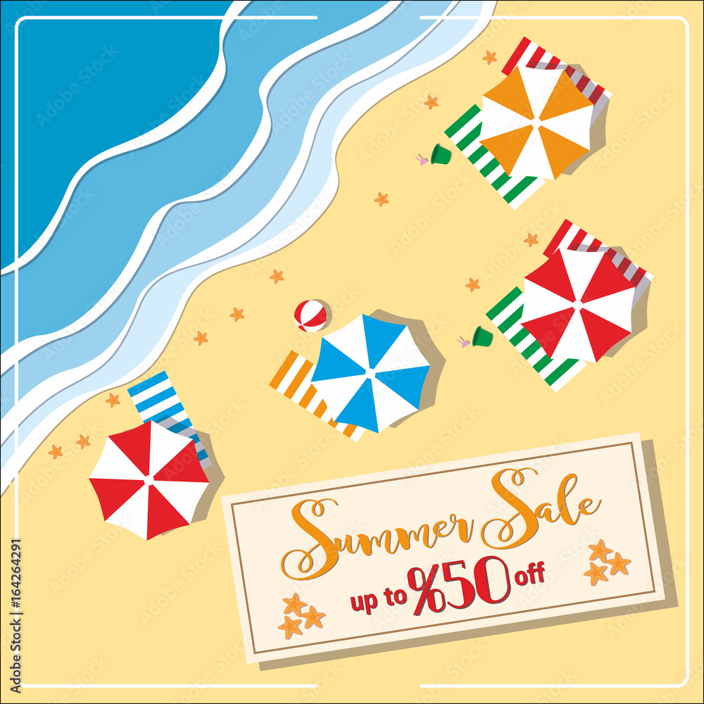 Summer sale banner with umbrealla starfish and ball square