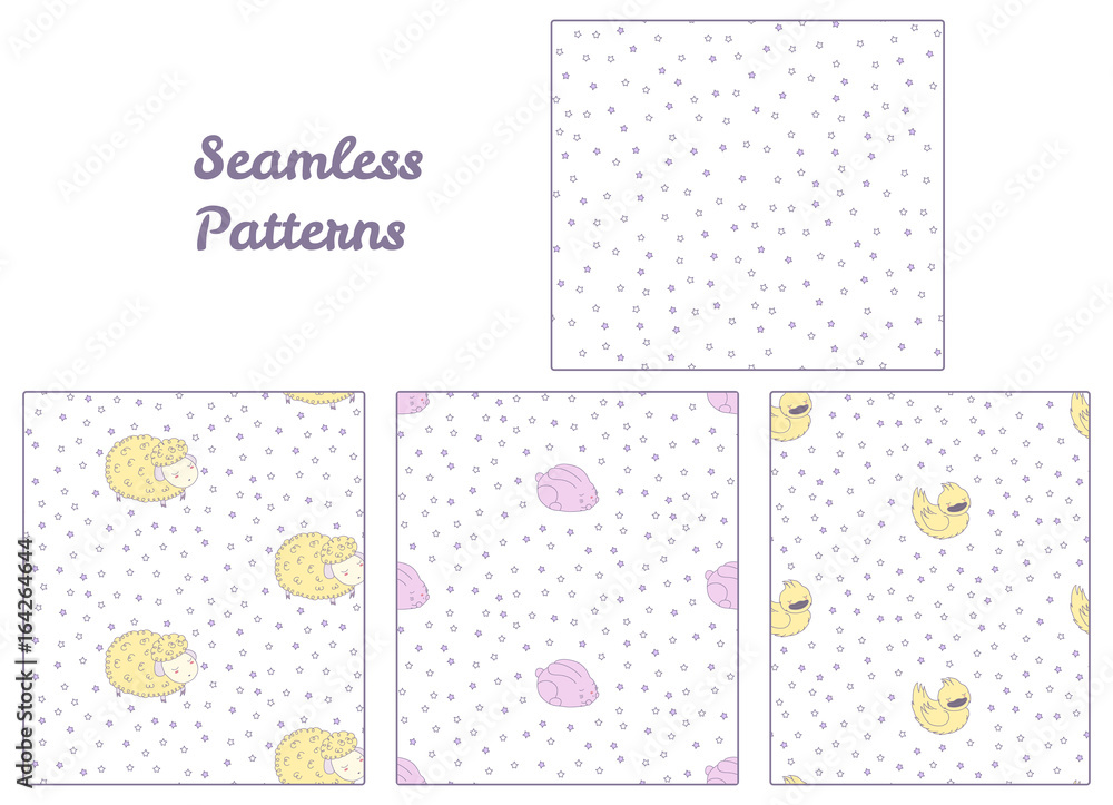 Set of hand drawn cute seamless vector patterns with sleeping animals: rabbit, sheep, duck, and stars on a white background. Set of hand drawn cute seamless vector patterns with sleeping animals: rabbit, sheep, duck, and stars on a white background.