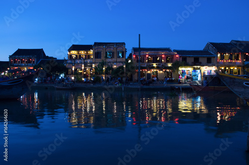 Picturesque Street with Lanterns, River and Boats in the Evening, Hoi An, Vietnam