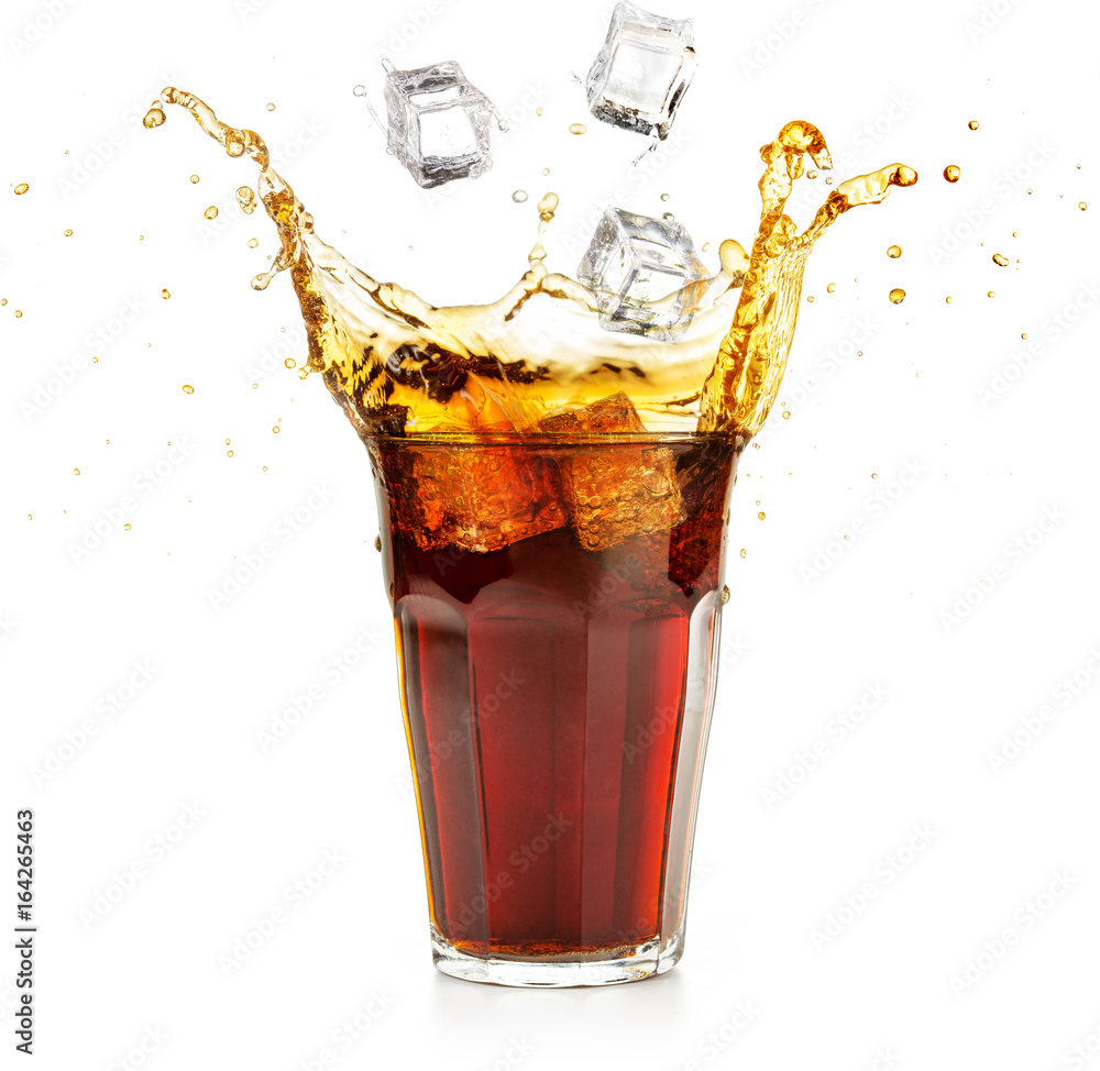 ice cubes falling into a cola drink splashing  - obrazy, fototapety, plakaty 