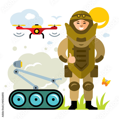 Vector Demolitions. Man in Bomb suit. Flat style colorful Cartoon illustration.