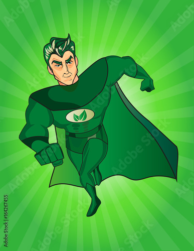 A cartoon superhero character with a green cape and costume and an leafs symbol on his chest