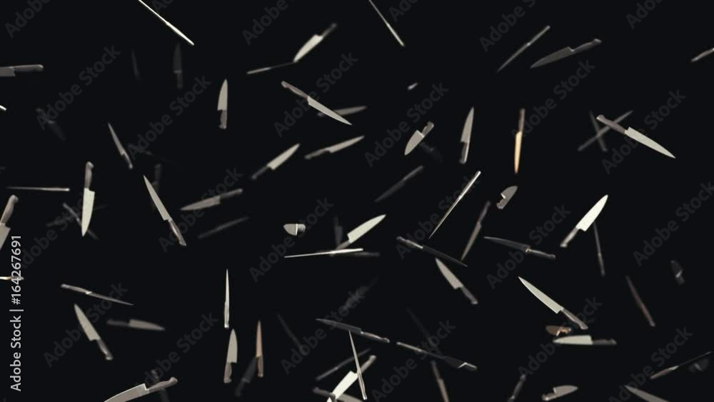 Seamlessly looping animation of kitchen knives floating against a black background. Seamlessly looping animation of kitchen knives floating against a black background.