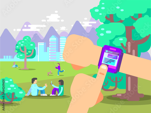 Human Hands Use Smart Watch with Messenger App