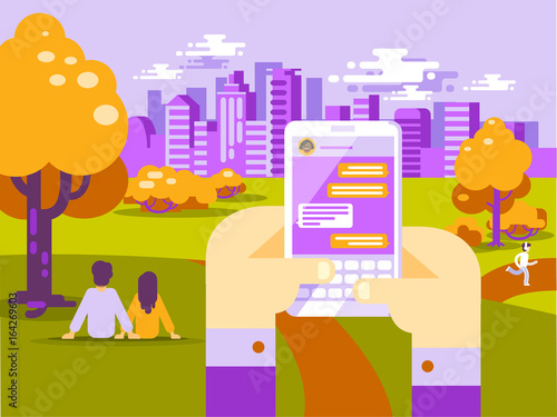Human Hands Hold Smart Phone with Messenger App