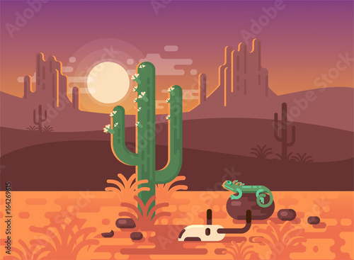  Landscape with Desert, Cactus, Skulls and Lizard