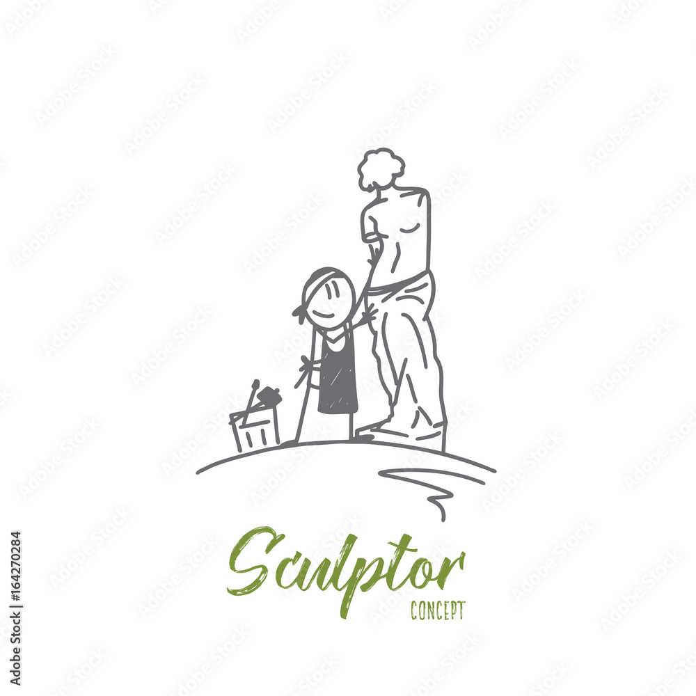 Sculptor concept. Hand drawn sculptor cuts stone sculpture. Smiling person makes art work from stone isolated vector illustration.