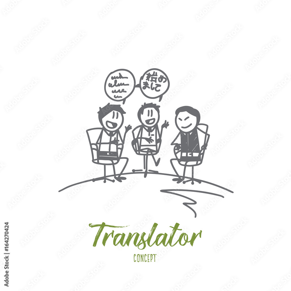 Translator concept. Hand drawn translator in negotiations. Interpreter and speakers isolated vector illustration.