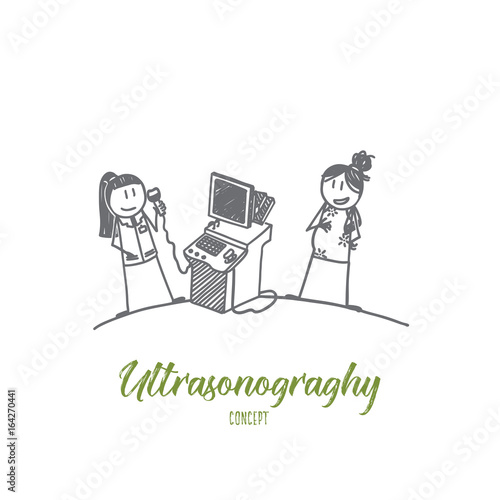 Ultrasonography concept. Hand drawn ultrasound examination of the fetus. Pregnant woman in gynecological surgery isolated vector illustration.
