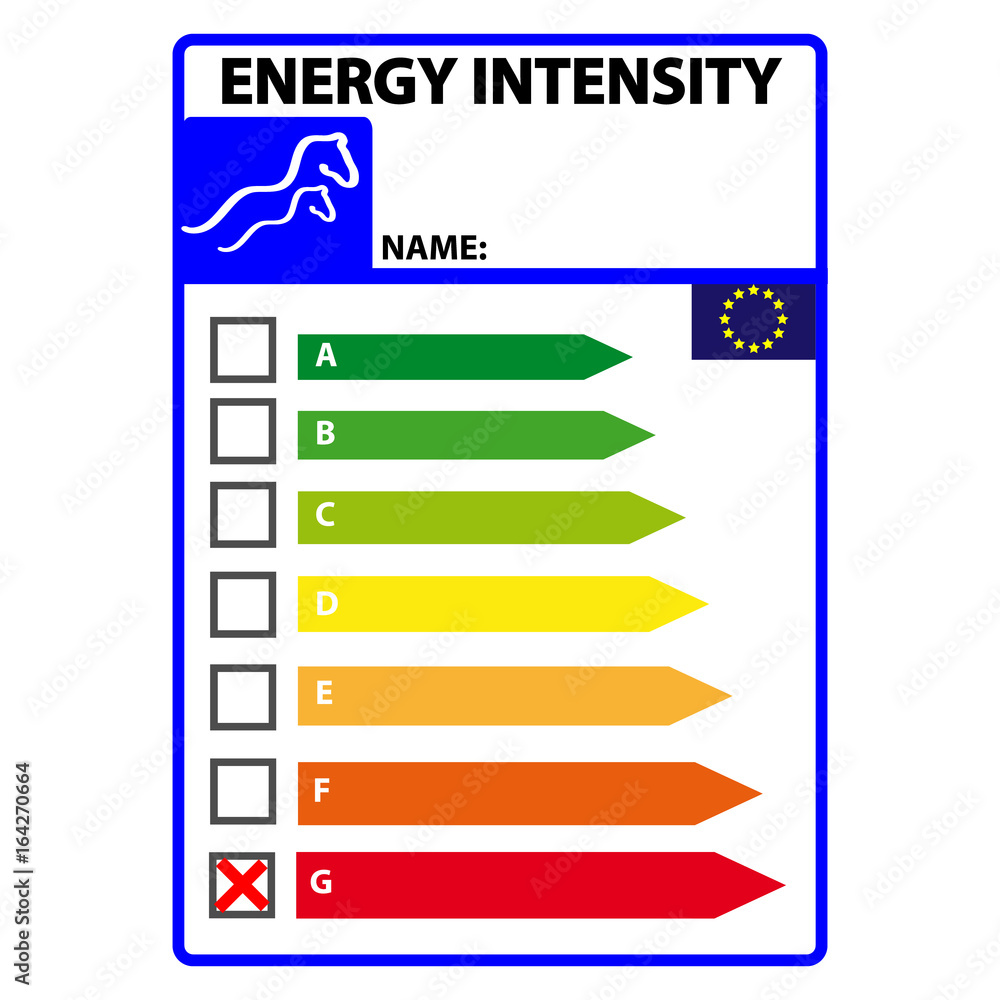 Funny energy efficience label for horse isolated on white background. Vector illustartion Funny energy efficience label for horse isolated on white background. Vector illustartion