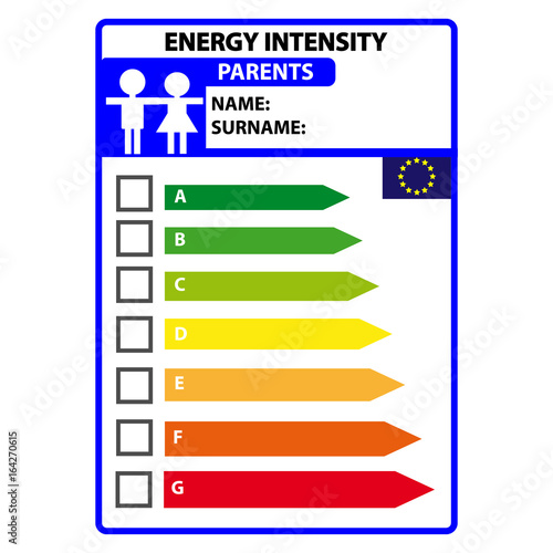Funny energy efficience label for parents isolated on white background. Vector illustartion.
