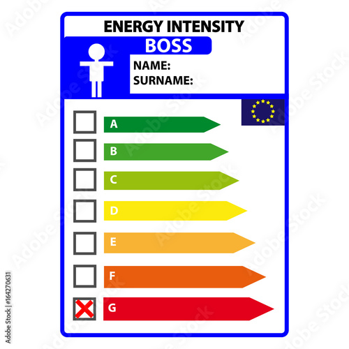 Funny energy efficience label for boss  isolated on white background. Vector illustartion.