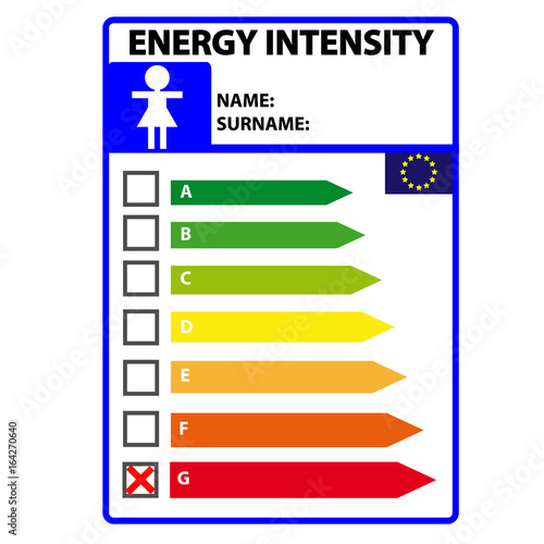 Funny energy efficience label for womwn isolated on white background. Vector illustartion.