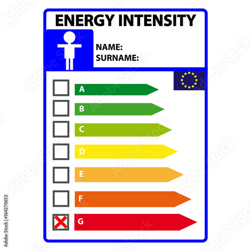 Funny energy efficience label for man isolated on white background. Vector illustartion.