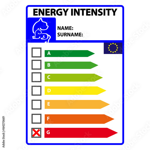Funny energy efficience label for cat isolated on white background. Vector illustartion