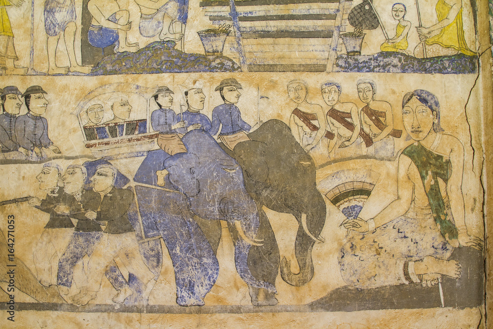 Ancient Thai Isan mural painting, The scenes of religion and life of Thai Isan people, at Wat Yang Tuang Wararam, Buddhist Temple in Amphoe Borabu, Maha Sarakham, Thailand, on November 29, 2016