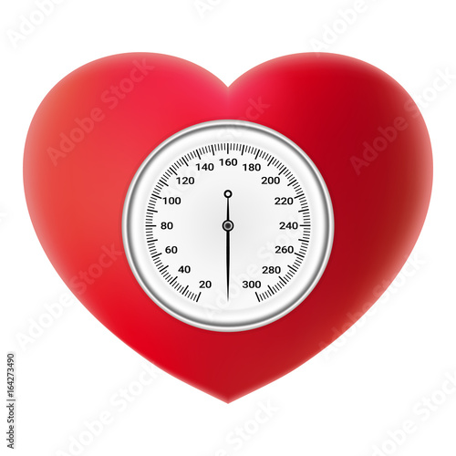 Arterial Blood Pressure Checking Concept. Tonometer On Red Heart Isolated On A White Background. Realistic Vector Illustration.