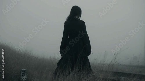 Horror scene of a scary woman in black dress walking away from camera