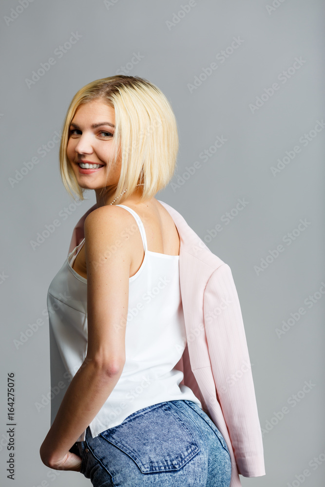 Beautiful woman stands half turn Beautiful woman stands half turn